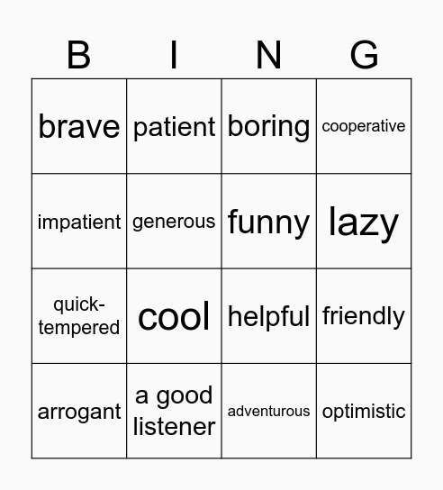 adjectives Bingo Card