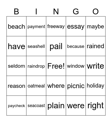 4th Grade Bingo Card