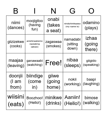 Anishinaabe Bingo (Verbs) Bingo Card