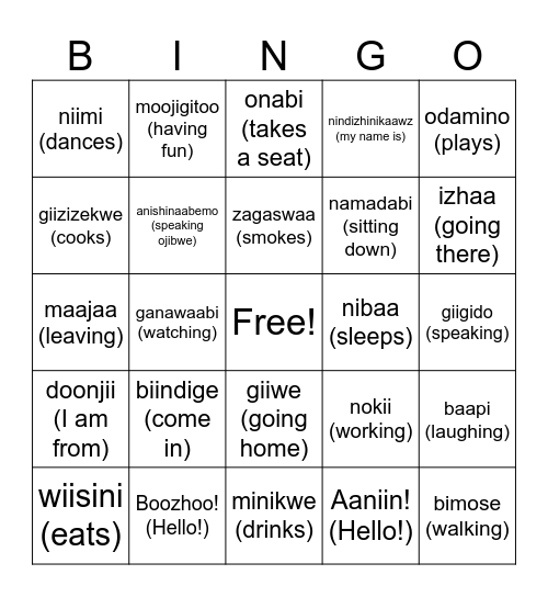 Anishinaabe Bingo (Verbs) Bingo Card