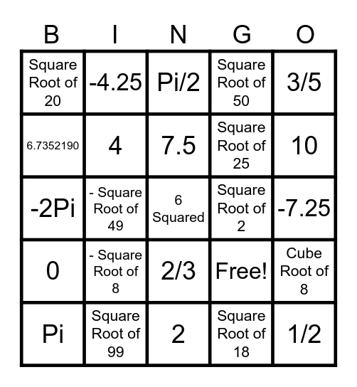 Rational or Irrational Numbers Bingo Card