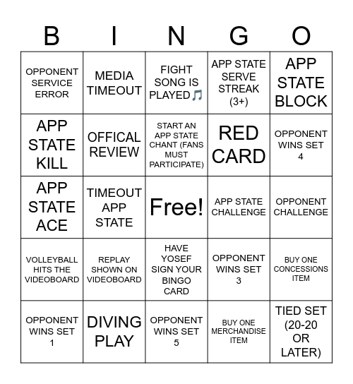 APP STATE VOLLEYBALL Bingo Card