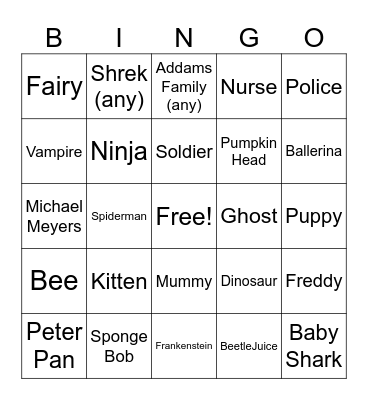Halloween Costume BINGO Card