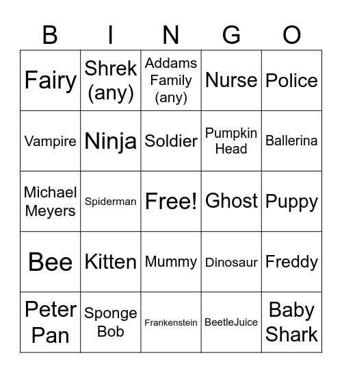 Halloween Costume BINGO Card