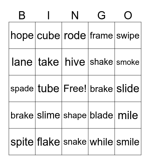 VCe Words Bingo Card