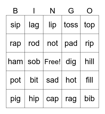 Short a, o, i Bingo Card