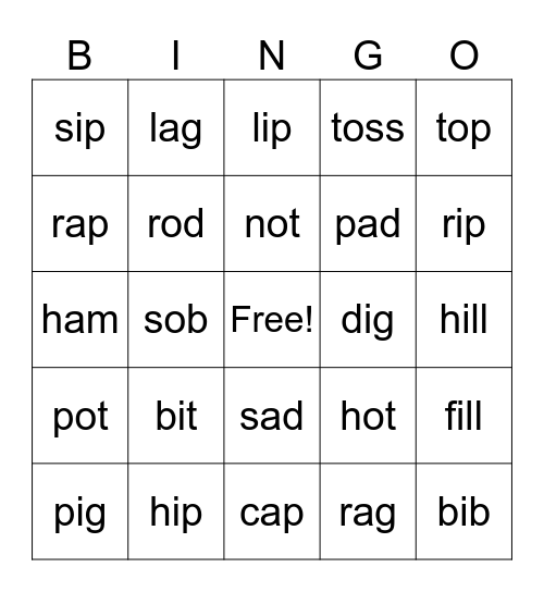 Short a, o, i Bingo Card