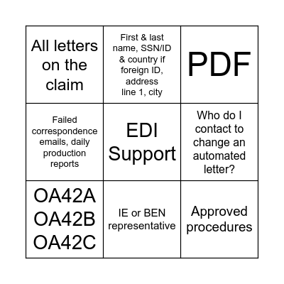 Correspondence Project Trivia Bingo Card