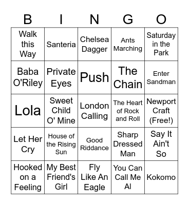 Dive Bar Anthems Bingo Card