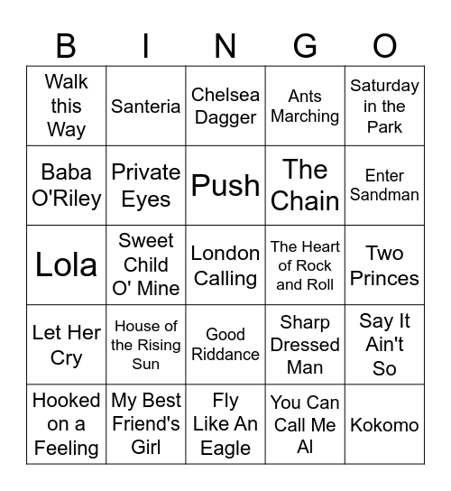 Dive Bar Anthems Bingo Card