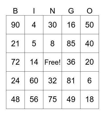 Multiplication Bingo Card