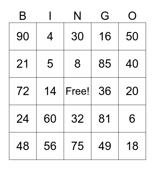 Multiplication Bingo Card