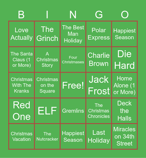 Winter Movie Bingo Card