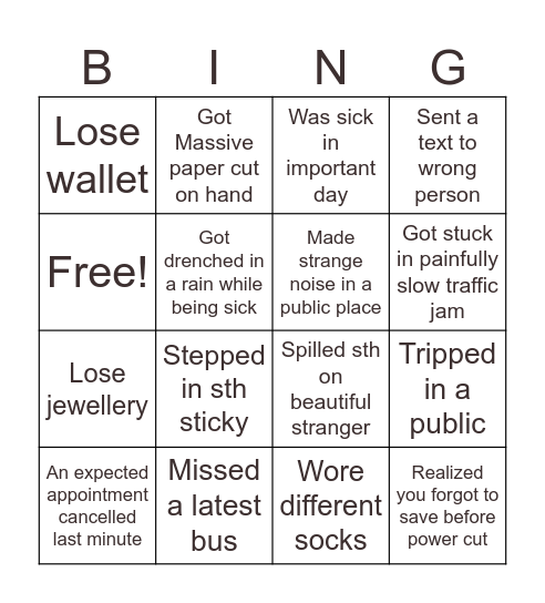 Misfortunes Bingo Card