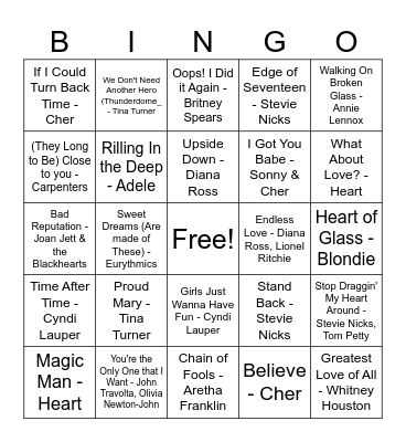 Iconic Female Singers Bingo Card