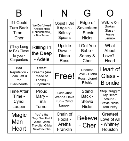 Iconic Female Singers Bingo Card