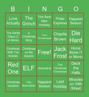 Winter Movie Bingo Card