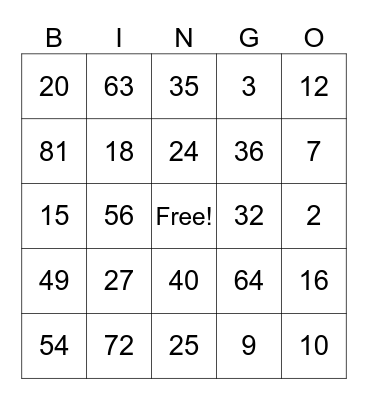 Multiplication Bingo Card