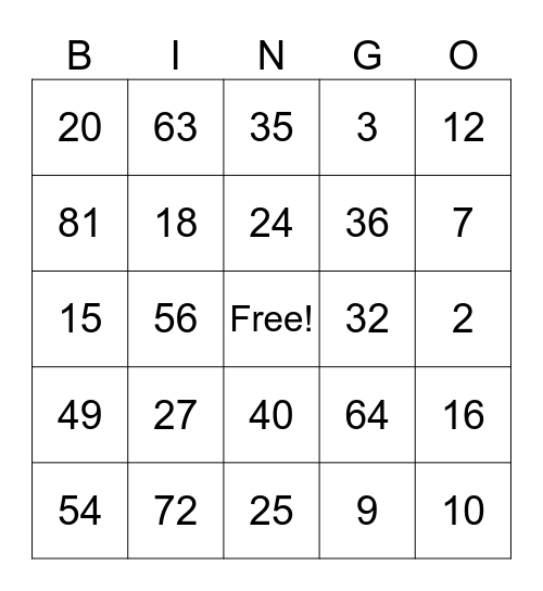 Multiplication Bingo Card