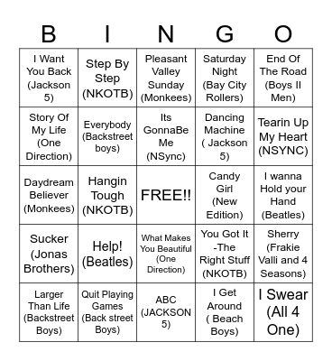Boy Bands Bingo Card