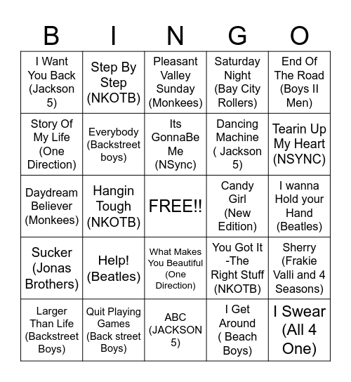 Boy Bands Bingo Card