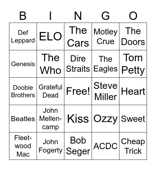 Classic Rock Bands Bingo Card