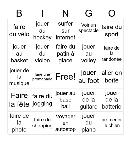 Le loisir Bingo Card
