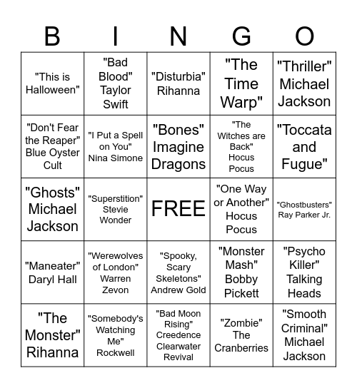 Halloween Musical Bingo Card