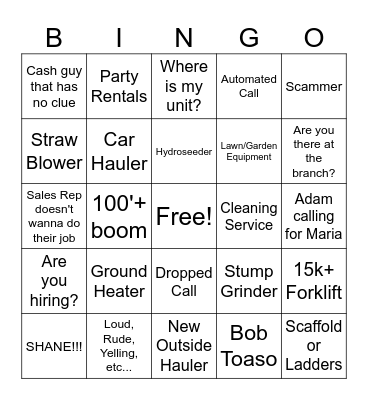 Rental Call Bingo Card