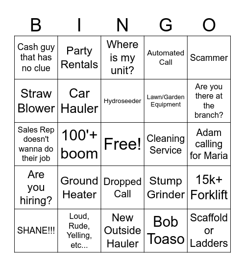 Rental Call Bingo Card