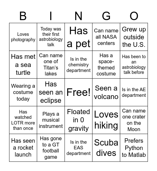 Fall 2025 Astrobio Social Bingo Card