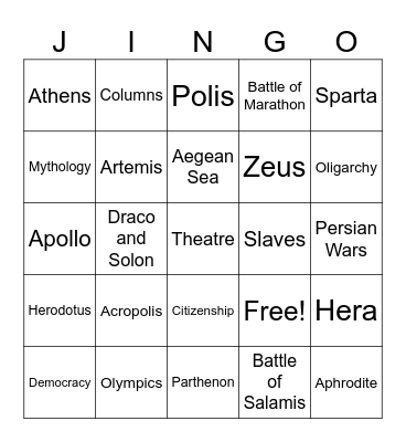 Ancient Greece Jingo Side A Bingo Card