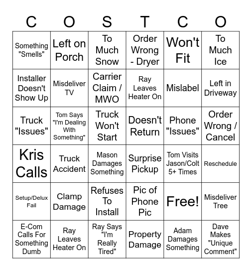 Costco Logistics Bingo Card