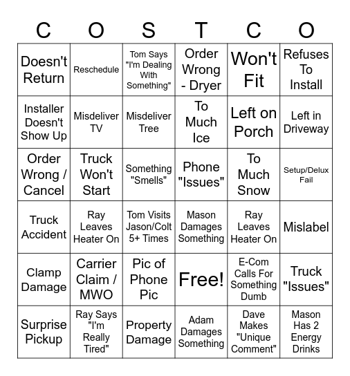 Costco Logistics Bingo Card