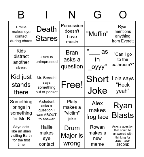 Student Teaching Bingo Card