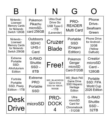 Sandisk Product Bingo Card