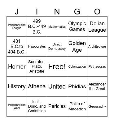 Ancient Greece Side B Bingo Card