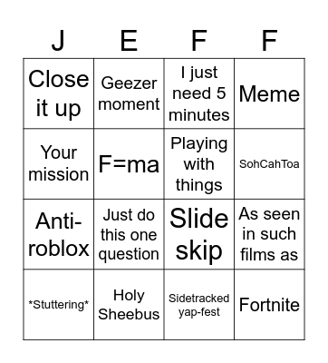 AP Jeffing It Bingo Card
