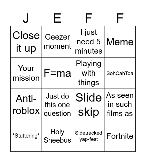 AP Jeffing It Bingo Card
