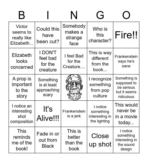 Frankenstein Bingo Card