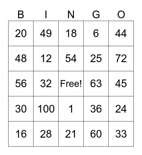 MULTIPLICATION Bingo Card