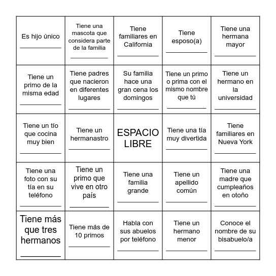 La Familia Bingo Card