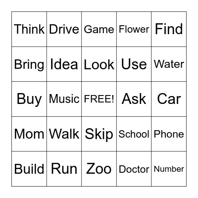 Nouns and Verbs Bingo Card