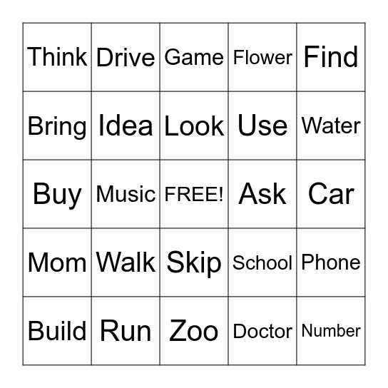 Nouns and Verbs Bingo Card