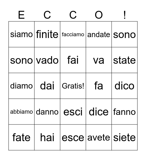 I verbi irregolari Bingo Card