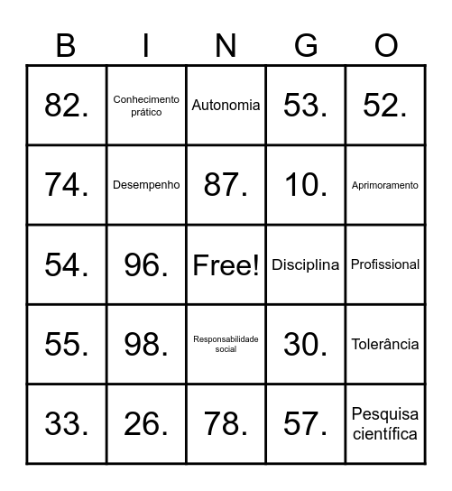 Bingo da vida Acadêmica Bingo Card