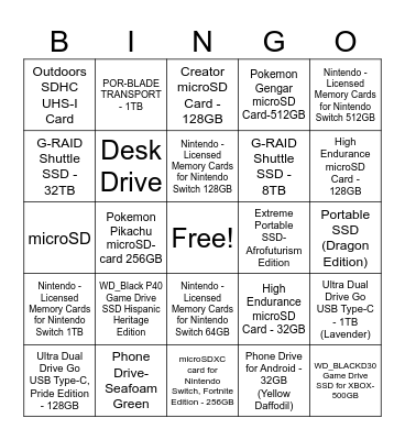 Sandisk Product Bingo Card