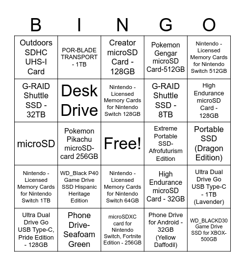 Sandisk Product Bingo Card