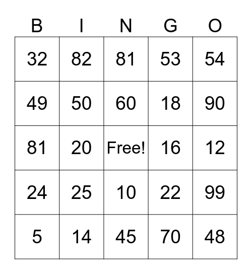 Multiplication Bingo Card