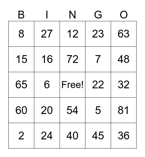 Multiplication Bingo Card